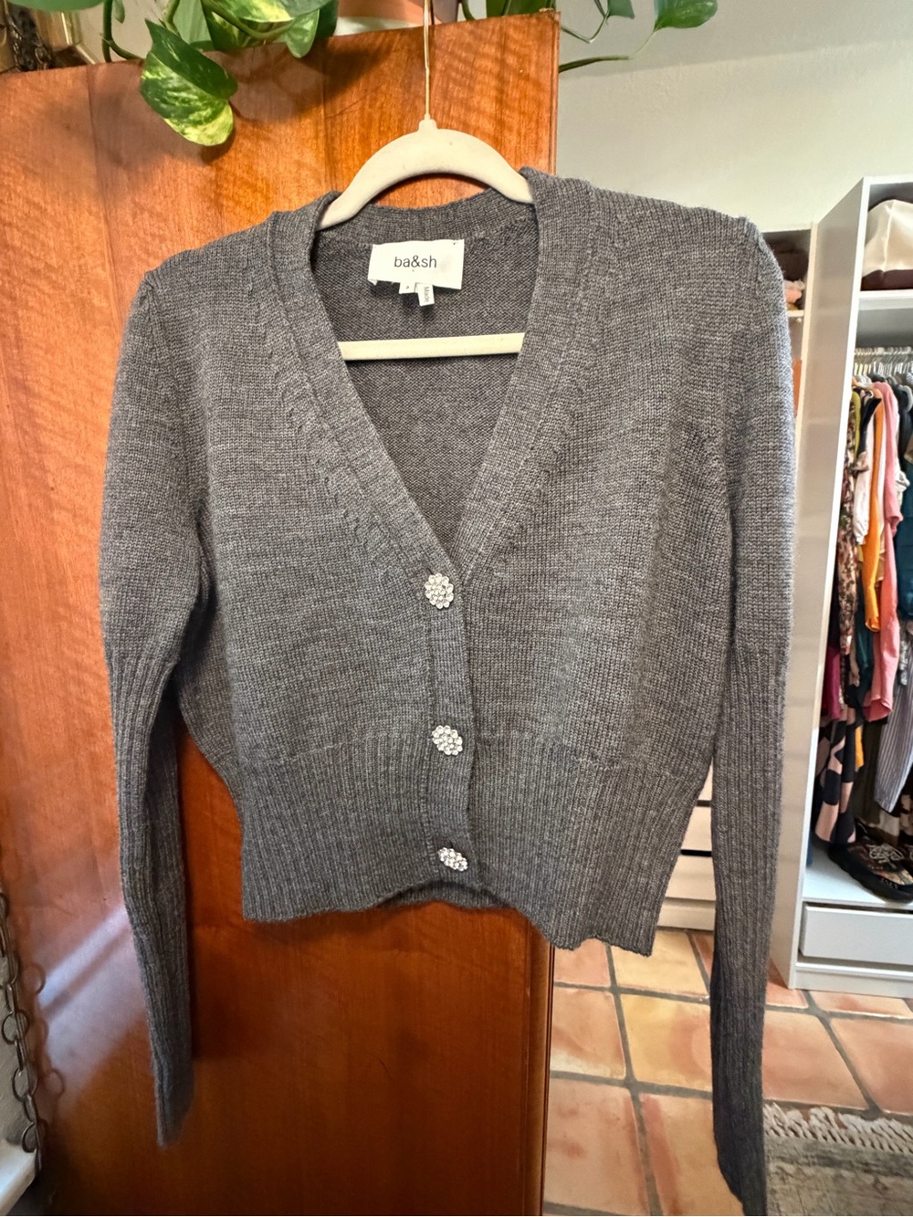 ba&sh Lady Gray 100% Wool Jeweled Button Cardigan Size 2 Made in Italy